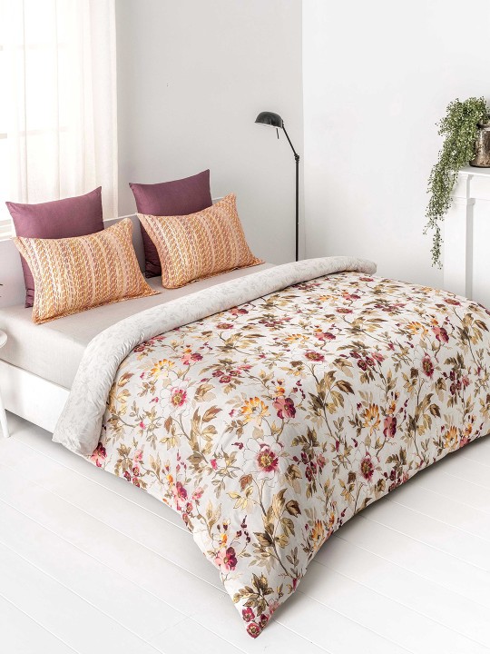 White & Brown Floral Flat 150 TC Cotton Bedsheet with 2 Pillow Covers