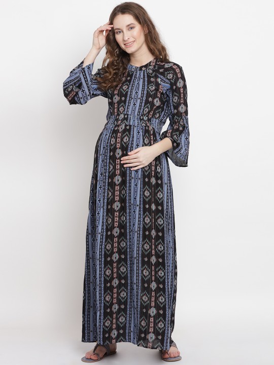 Women Black & Blue Printed Maxi Dress S