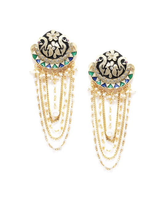 Green & Black Gold-Toned Contemporary Handcrafted Drop Earrings