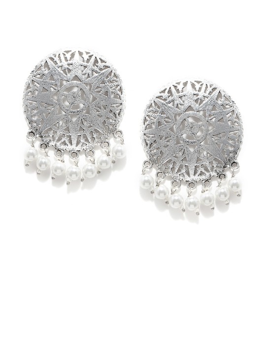 Silver-Toned Handcrafted Circular Drop Earrings