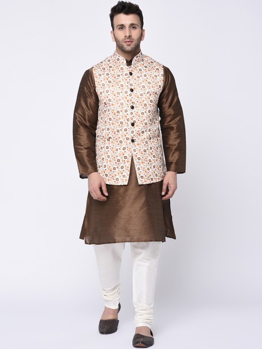 Men Brown & White Solid Kurta with Churidar S