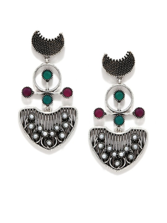 Silver-Toned & Multicoloured Handcrafted Classic Drop Earrings