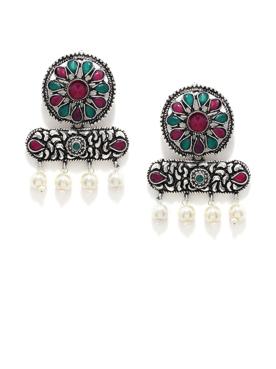 Silver-Toned Handcrafted Contemporary Drop Earrings