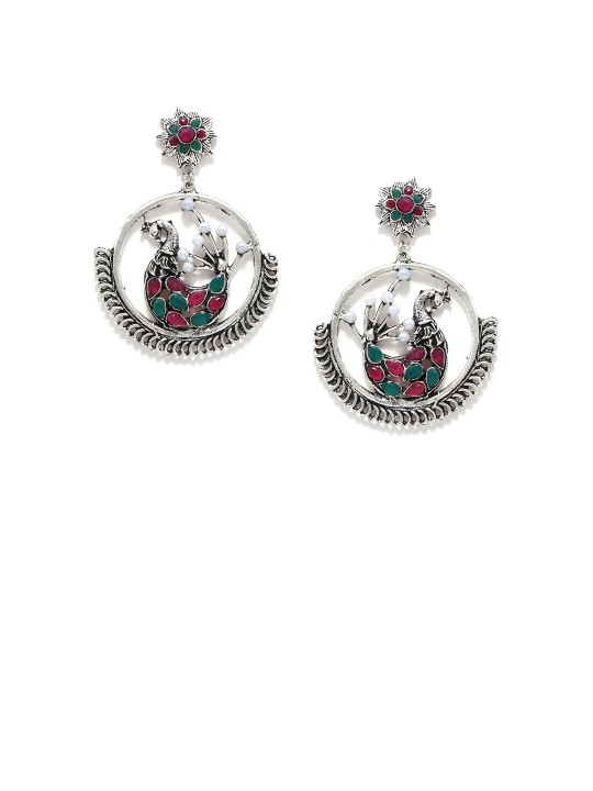 Silver-Toned & Red Classic Drop Earrings