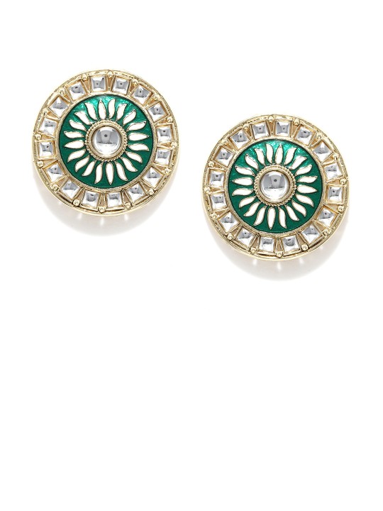 Green & Gold-Toned Kundan Handcrafted Circular Studs