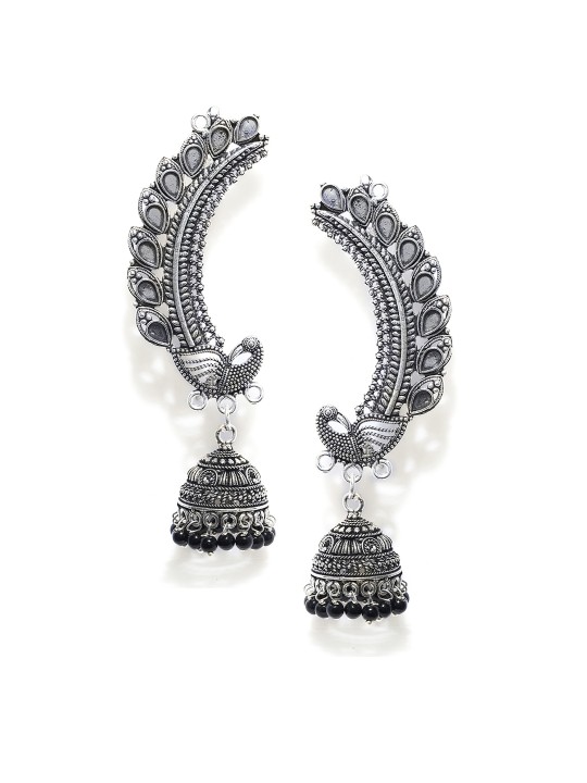 Silver-Toned & Black Handcrafted Dome Shaped Drop Earrings