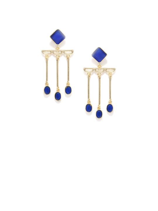 Blue & Gold-Toned Crystal Contemporary Tasselled Drop Earrings