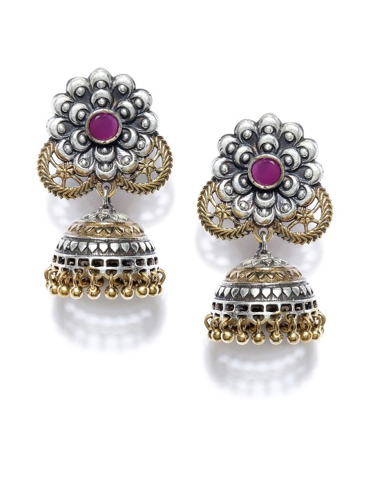 Silver-Toned & Gold-Toned Dome Shaped Jhumkas