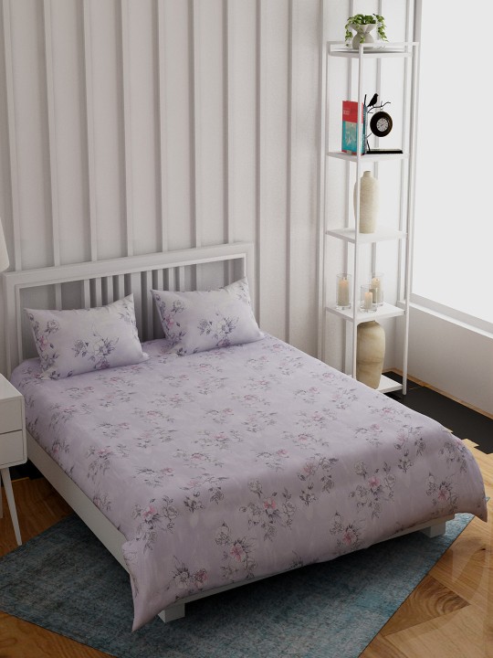 Grey Floral Flat 210 TC Cotton 1 Extra Large Bedsheet with 2 Pillow Covers