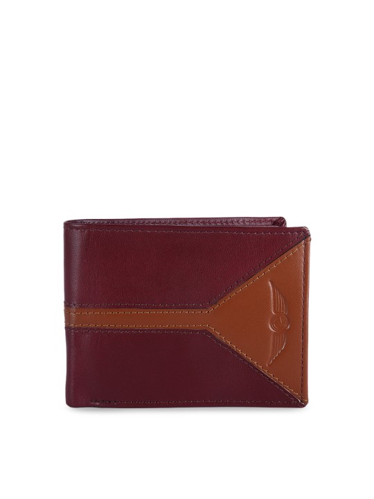 Men Maroon & Tan Brown Colourblocked Leather Two Fold Wallet