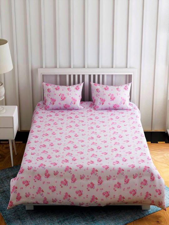 Pink Floral Flat 210 TC Cotton 1 Extra Large Bedsheet with 2 Pillow Covers