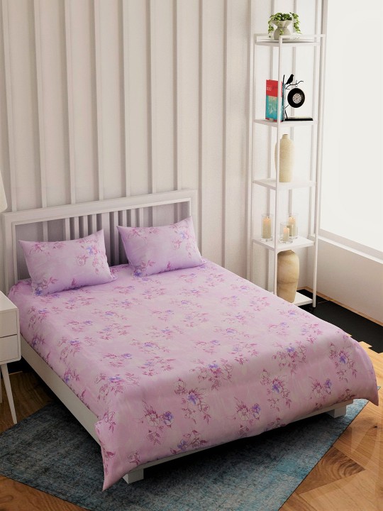 Purple Floral Flat 210 TC Cotton 1 Extra Large Bedsheet with 2 Pillow Covers