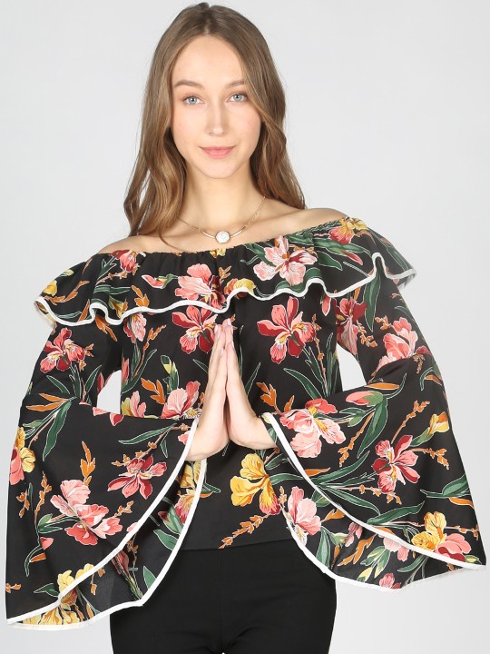 Women Black Printed Bardot Top XS
