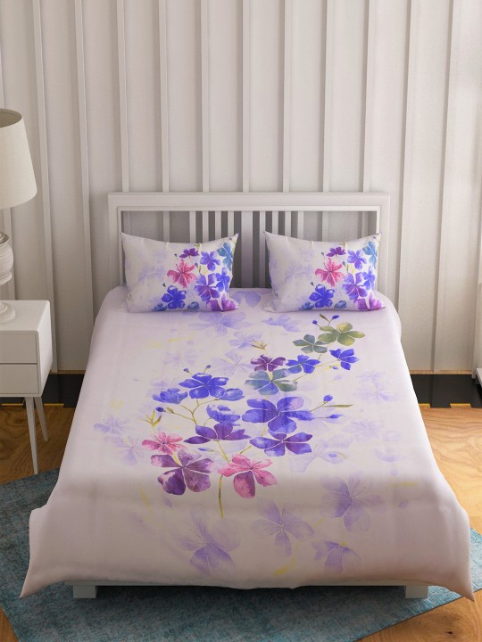 Purple Floral Flat 300 TC Cotton Extra Large Bedsheet with 2 Pillow Covers