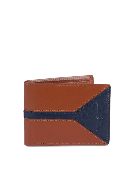Men Tan Brown & Navy Blue Colourblocked Leather Two Fold Wallet