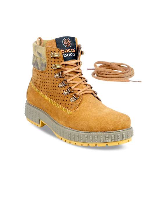 Men Tan Solid Suede High-Top Flat Boots