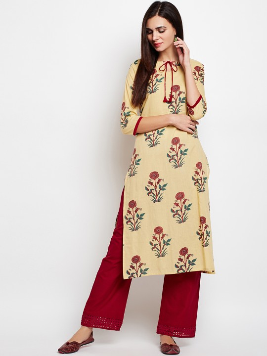 Women Yellow & Red Printed Straight Kurta XS