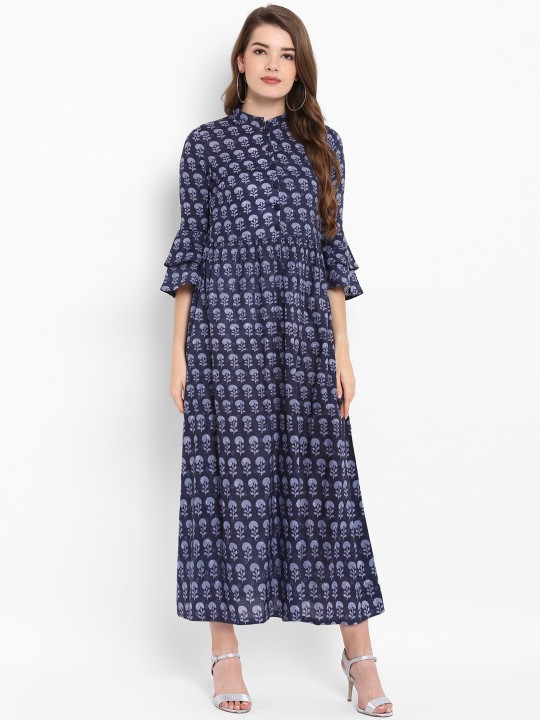 Women Navy Blue Printed Fit and Flare Dress S