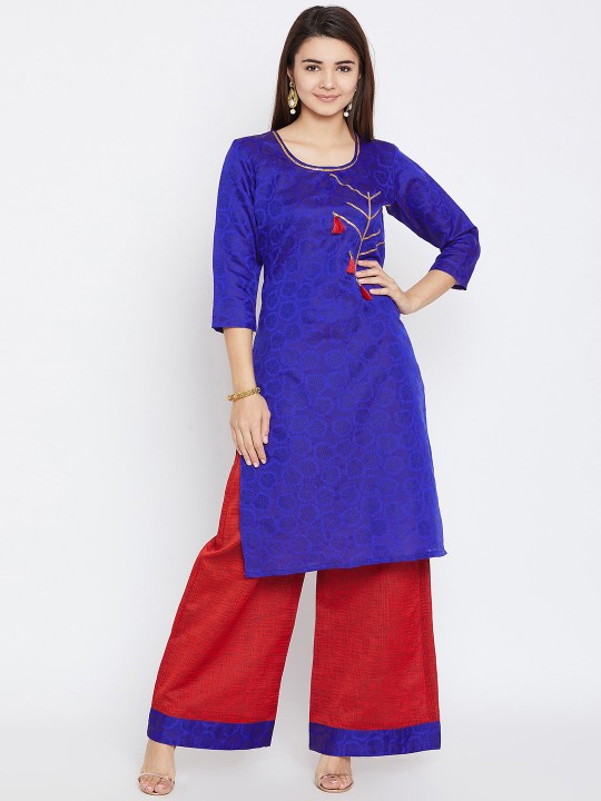 Women Blue & Red Printed Kurti with Palazzos XXL