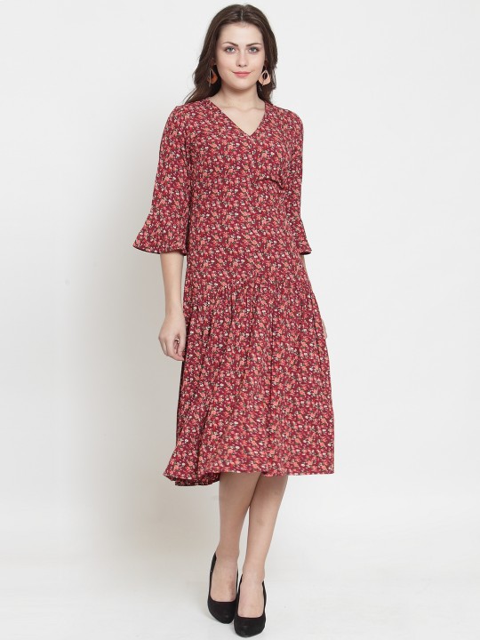 Women Maroon Floral Print Shirt Dress S
