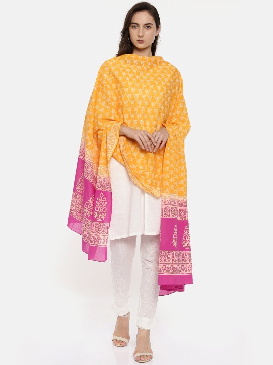 Yellow & Pink Printed Dupatta