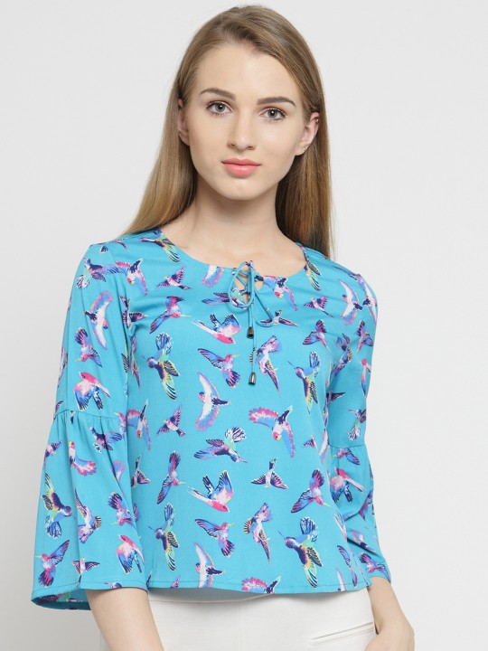Women Turquoise Blue Printed Top XS