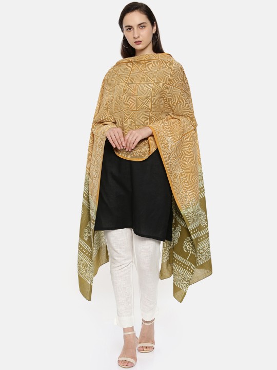 Orange & Khaki Printed Dupatta