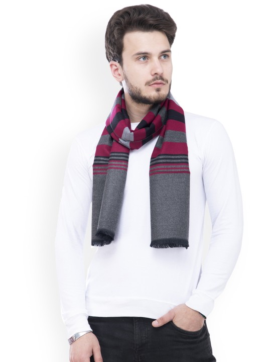 Men Maroon & Grey Striped Muffler