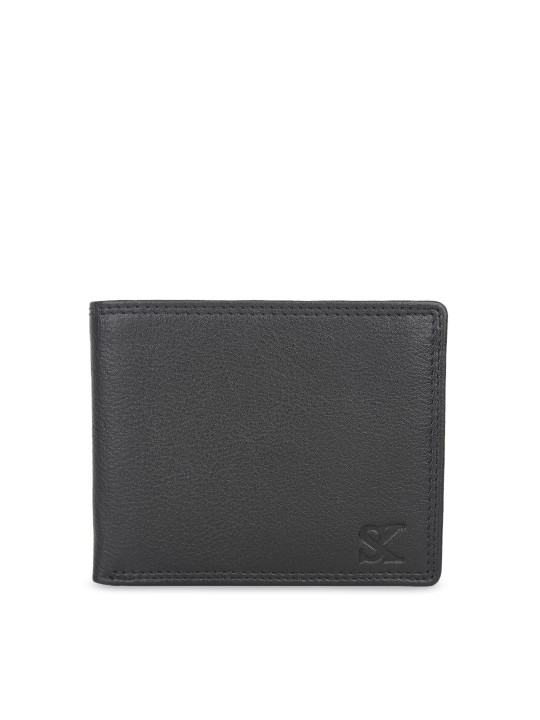 Men Black Leather Solid Two Fold Wallet