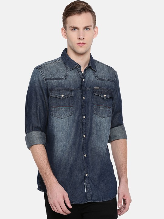 Men Navy Blue Comfort Regular Fit Faded Casual Shirt 38