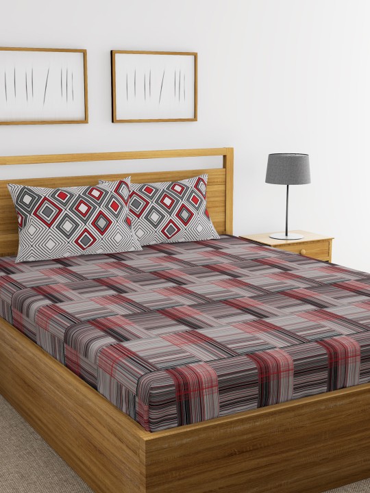 Red & Grey Abstract Flat 144 TC Cotton Bedsheet with 2 Pillow Covers