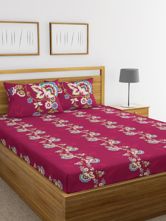 Purple Floral Flat 144 TC Cotton Bedsheet with 2 Pillow Covers