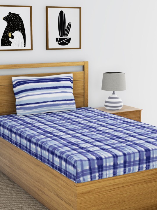 Blue & White Abstract Flat 144 TC Cotton Bedsheet with 1 Pillow Cover