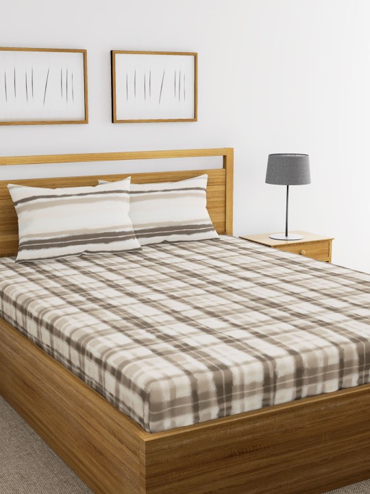 Beige & Brown Abstract Flat 144 TC Cotton Bedsheet with 2 Pillow Covers