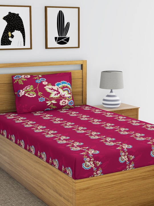 Purple Floral Flat 144 TC Cotton Bedsheet with 1 Pillow Cover