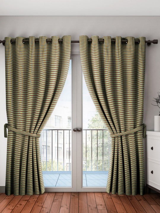 Jacquard Checkered Cotton Eyelet Door Curtain - 7 Ft - Green - Set of 2