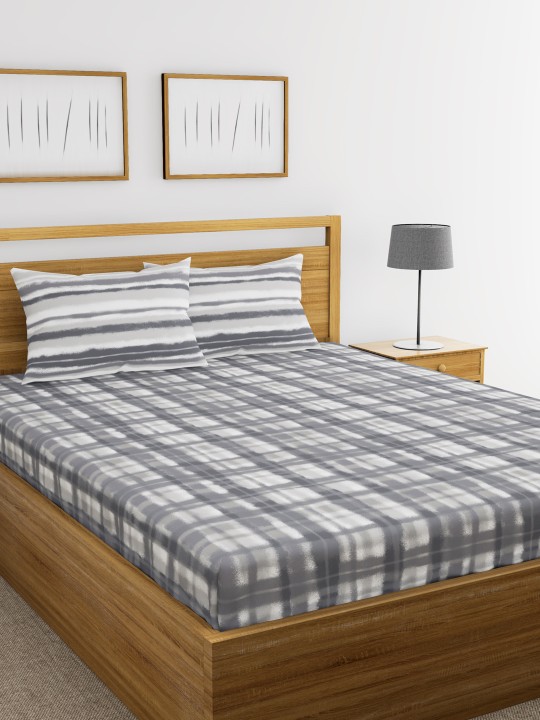Grey & White Abstract Flat 144 TC Cotton Bedsheet with 2 Pillow Covers