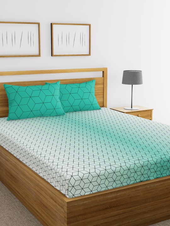 Sea Green Abstract Flat 144 TC Cotton Bedsheet with 2 Pillow Covers