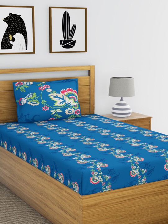 Blue Floral Flat 144 TC Cotton Bedsheet with 1 Pillow Cover