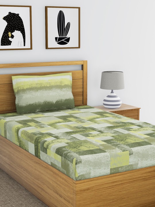 Olive Green & Beige Abstract Flat 144 TC Cotton Bedsheet with 1 Pillow Cover