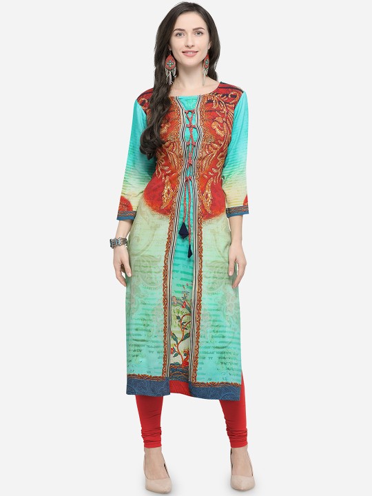 Women Green & Orange Printed A-Line Kurta L