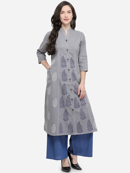 Women Grey Printed A-Line Kurta M