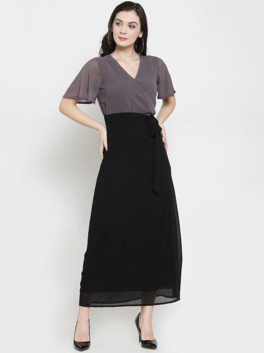 Women Black & Grey Colourblocked Maxi Dress S