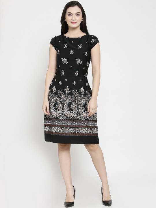 Women Black Printed Fit & Flare Dress S