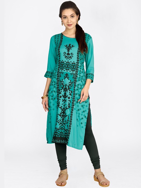Women Teal Blue Printed Straight Kurta S