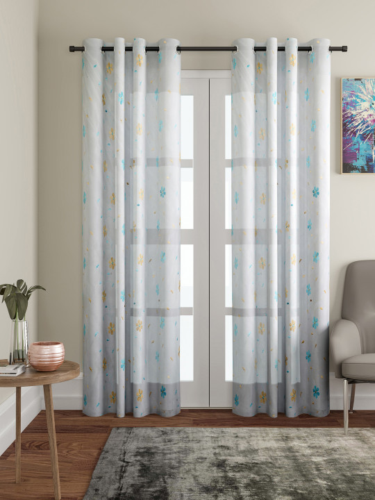 Set Of 2 Blue Embroidered Sheer Door Curtains Buy Online In