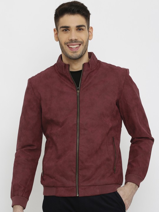 Men Maroon Solid Leather Jacket M