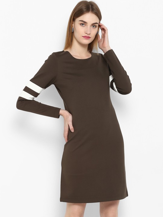 Women Olive Brown Solid T-shirt Dress S
