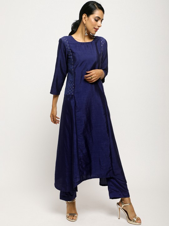 Women Navy Blue Solid Kurta with Trousers XXS