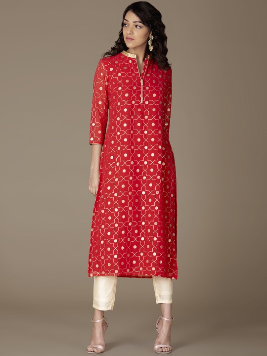 Women Red Embroidered Straight Kurta XS
